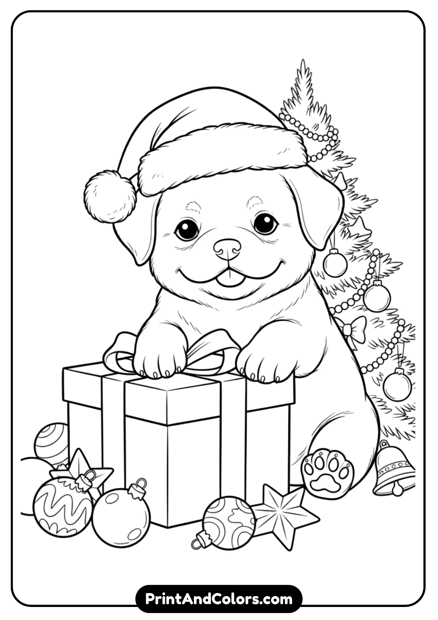 Outline drawing of a puppy wearing a Santa hat, sitting beside a gift box and Christmas tree ornaments. Black and white clean lines for coloring.
