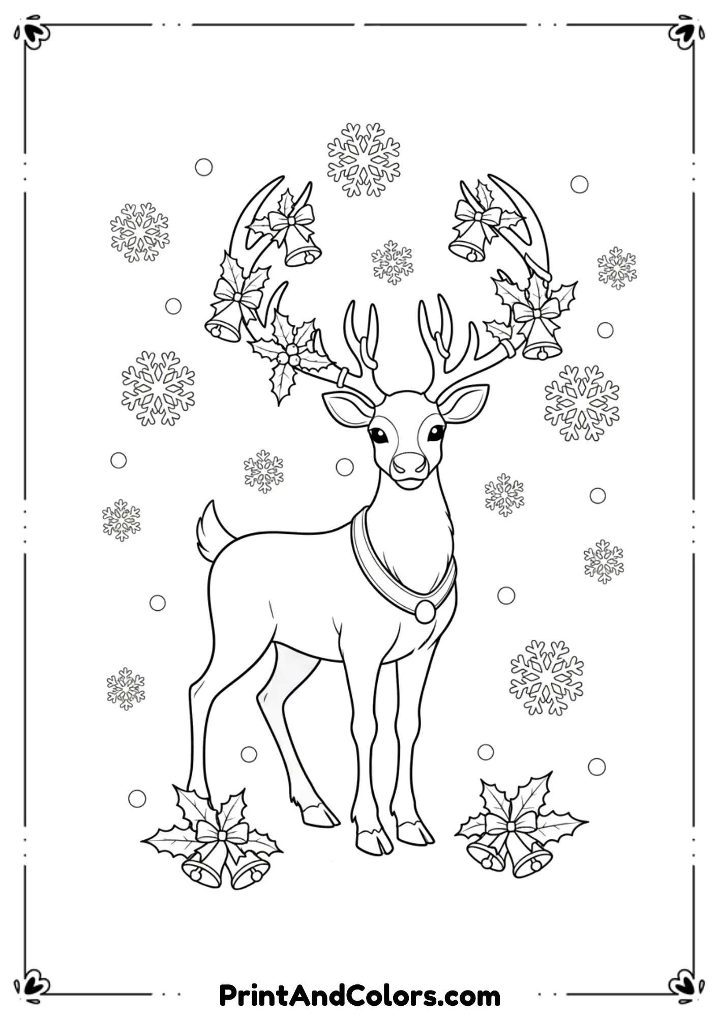 Outline drawing of reindeer with Christmas bells, holly, and snowflakes.