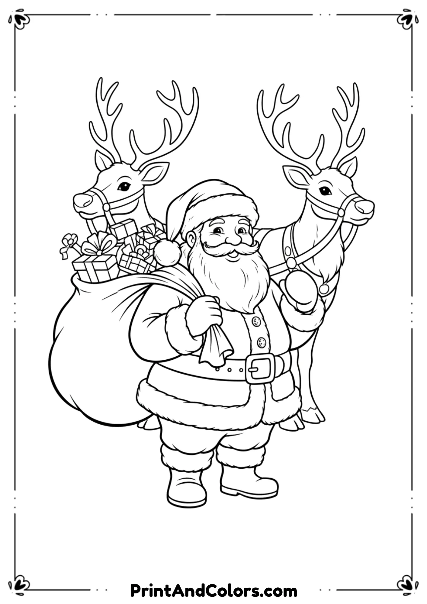 Black and white line drawing of Santa Claus carrying a gift sack with reindeer behind him.
