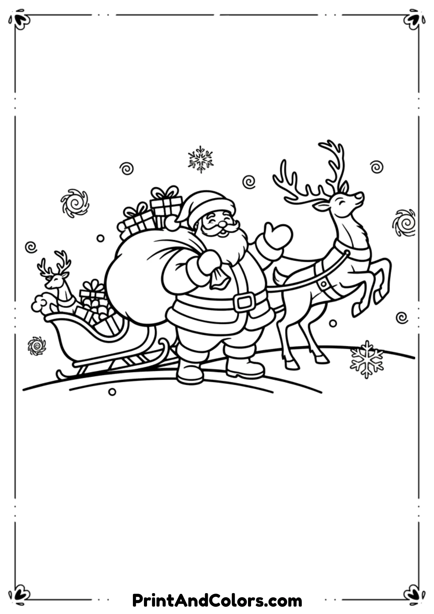 Detailed outline of Santa Claus holding a gift sack with reindeer in the background.
