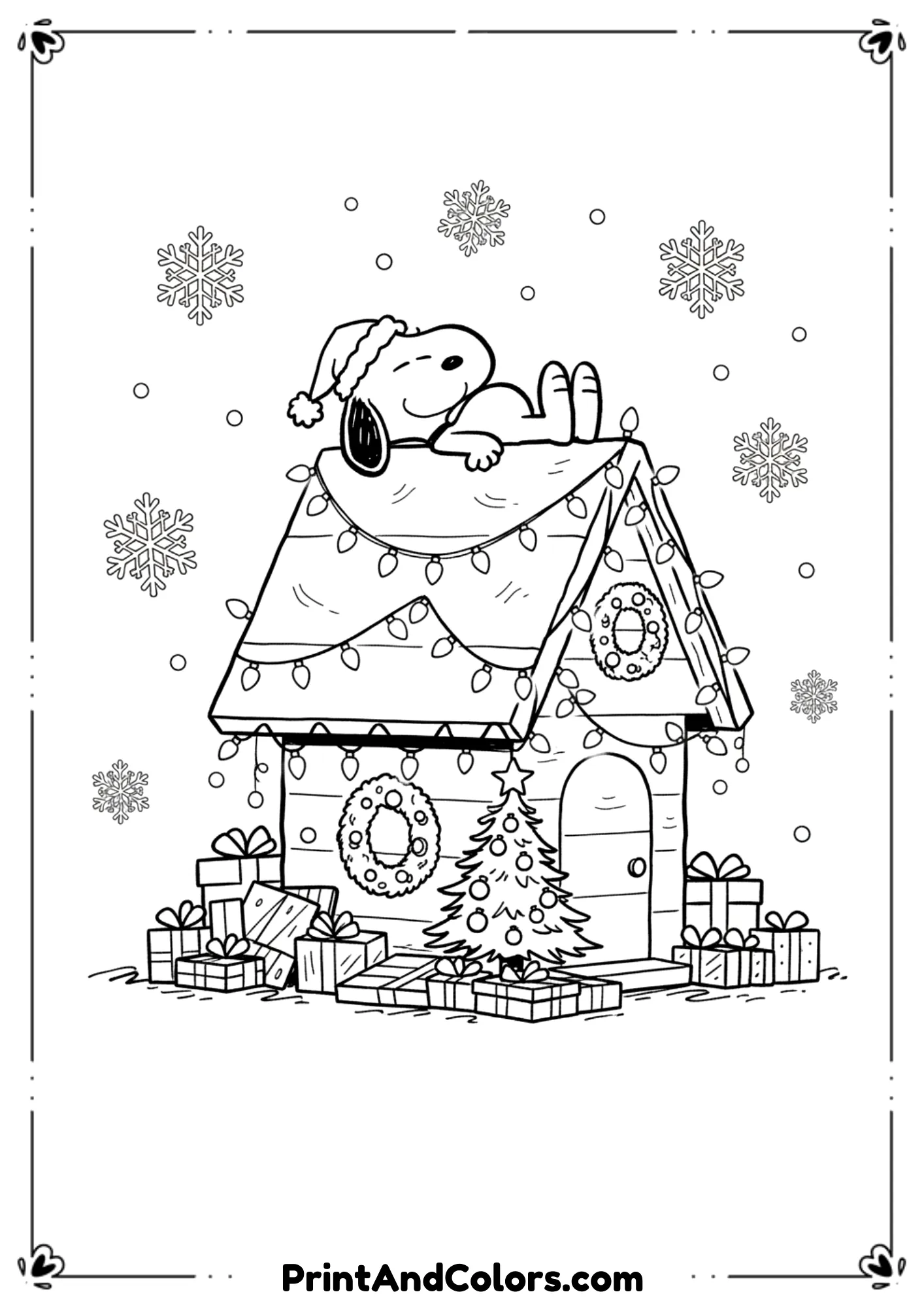 : Black and white outline of Snoopy lying on top of his decorated doghouse with Christmas lights and snowflakes.