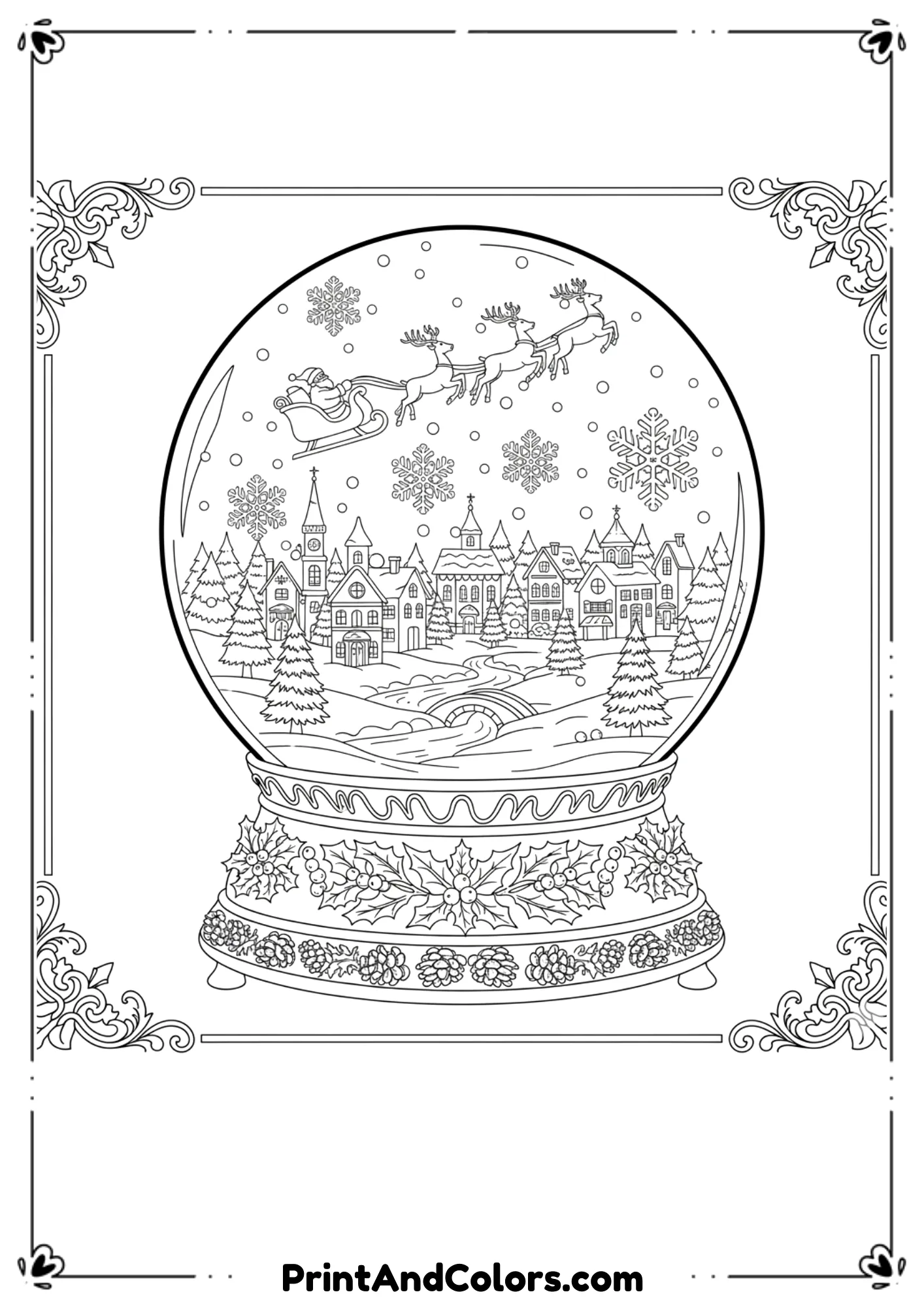  A snow globe outline featuring Santa Claus with reindeer flying over a snowy town, designed for coloring.
