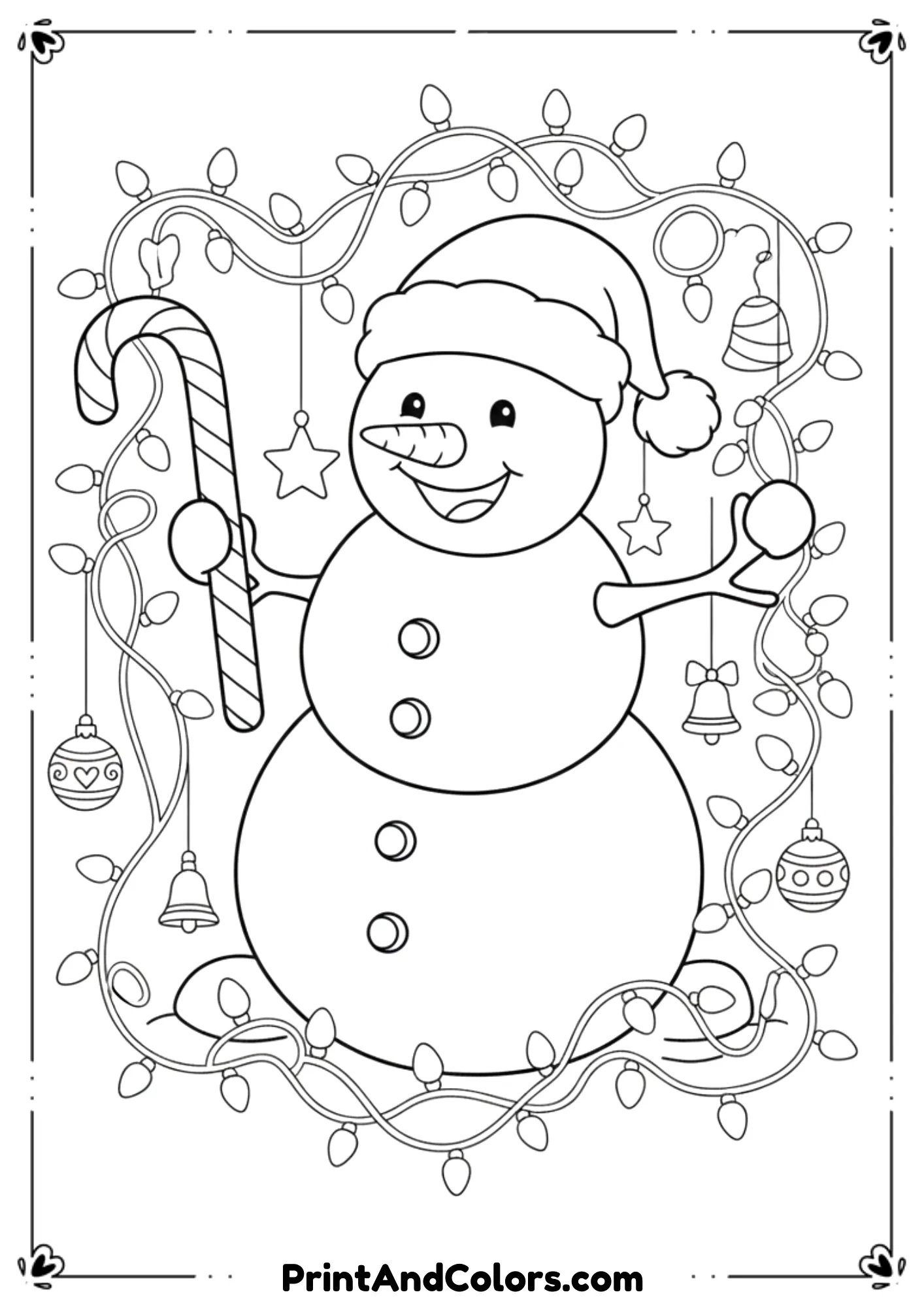 Festive snowman wearing Santa hat, holding a candy cane, surrounded by Christmas lights and small ornaments. Black and white holiday-themed line art.
