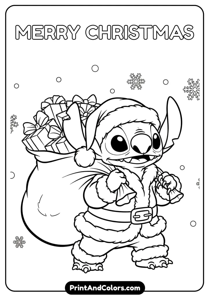 Stitch dressed in a full Santa Claus outfit with a gift sack over his shoulder and snowflakes falling around him