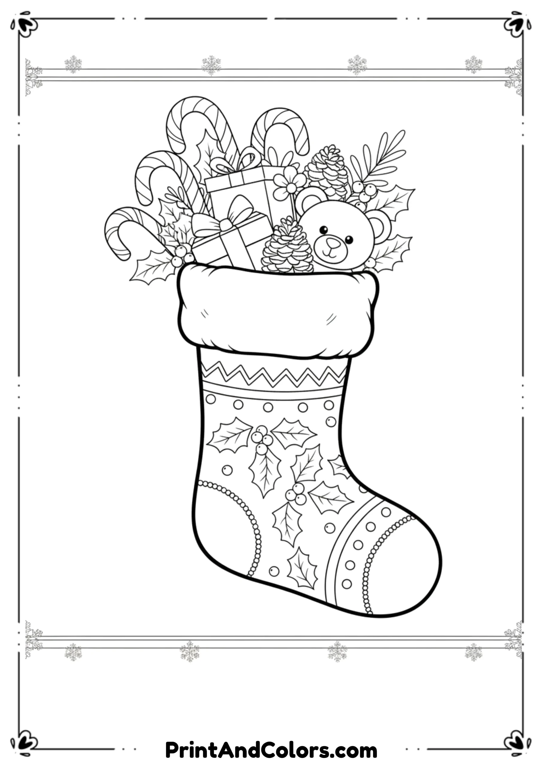 Black and white outline of a Christmas stocking filled with candy canes, gifts, and holly.
