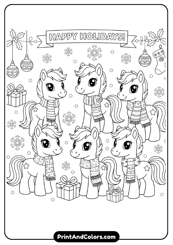 Create a black and white Christmas-themed coloring page with ponies wearing scarves, gifts, snowflakes, and holiday decorations. Friendly style, bold outlines.