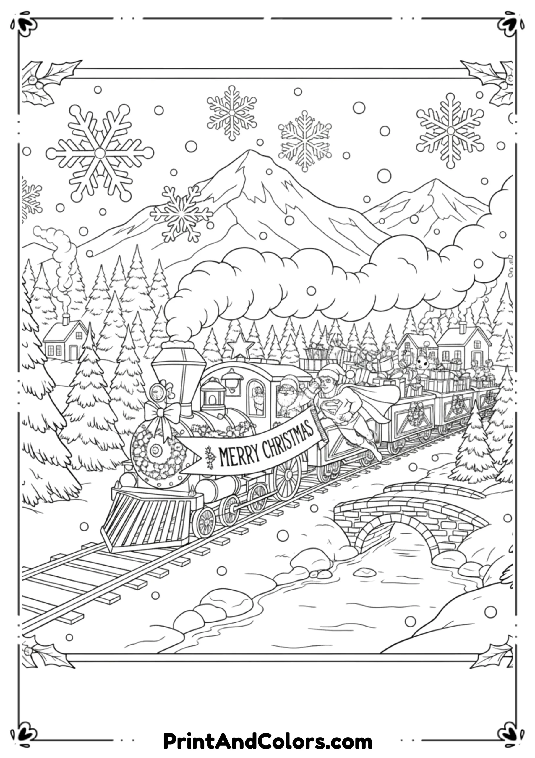 Black and white illustration of a Christmas train with Santa, gifts, and reindeer in train cars.
