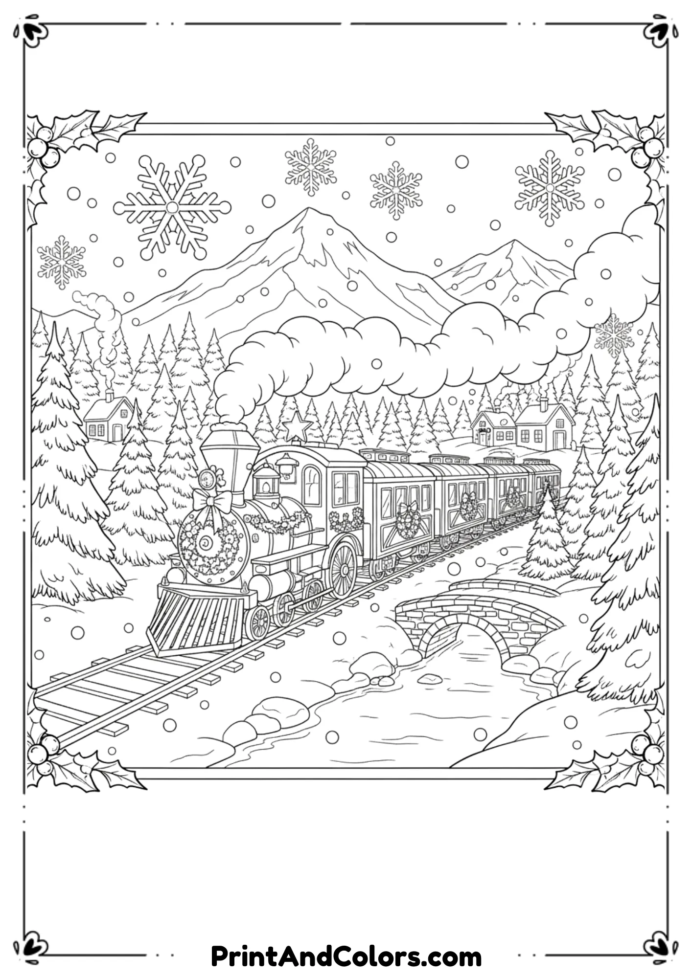 Black and white outline of a festive Christmas train decorated with garlands, moving through snowy mountains with pine trees.
