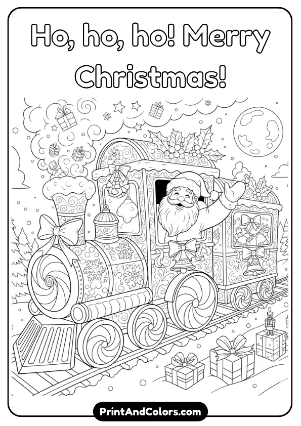Santa riding or waving from a Christmas-themed train with candy-cane wheels and holiday decorations. Clean, bold outlines