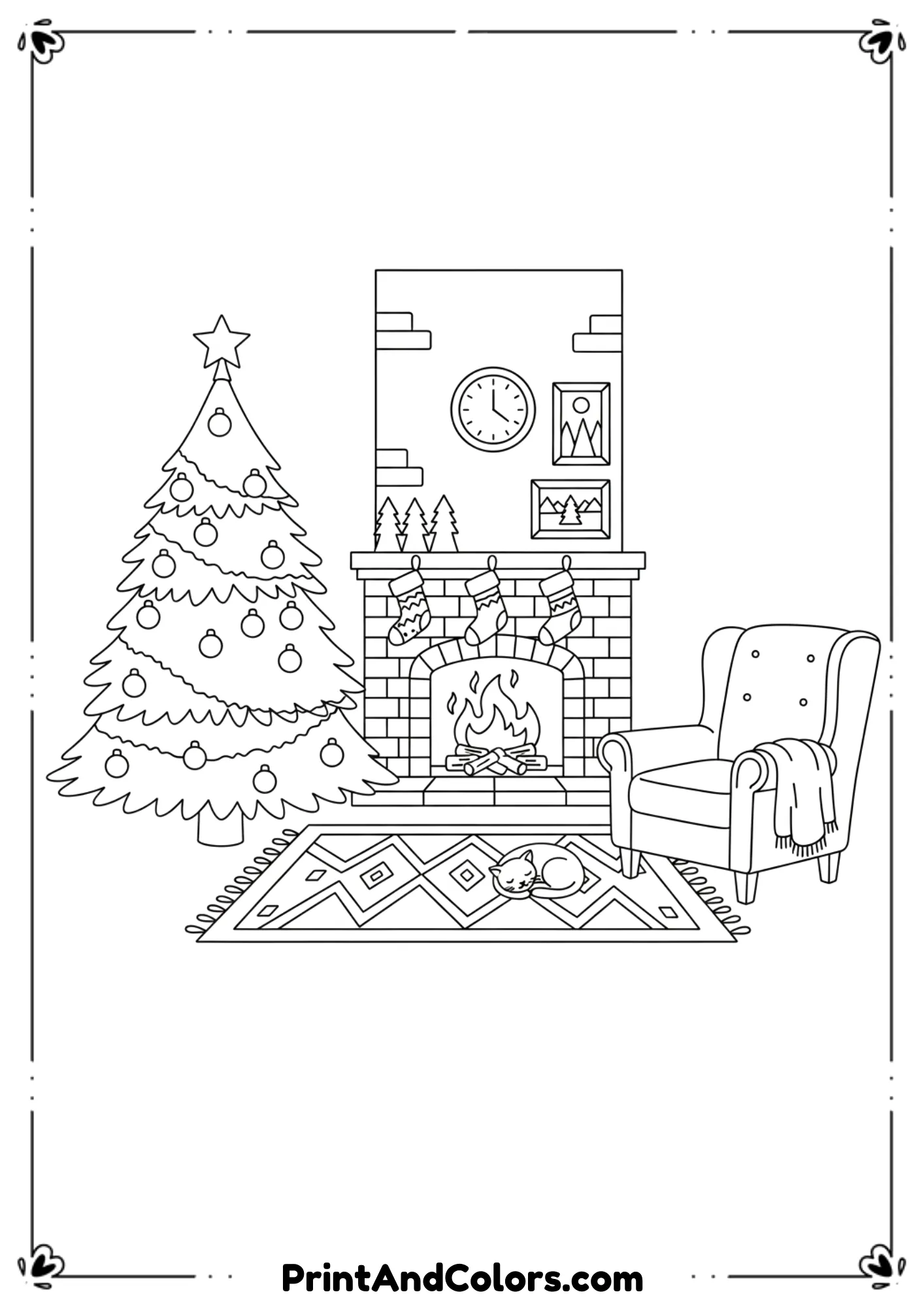  Cozy living room line-art scene with a Christmas tree beside a fireplace, stockings hanging on the mantle, simple decorations. Kid-friendly bold outlines.
