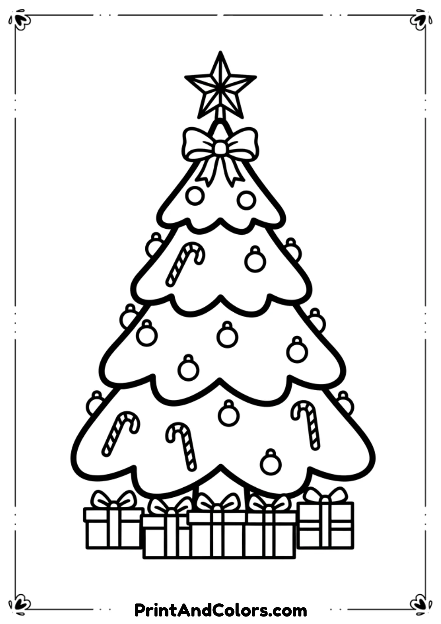 Classic printable-style Christmas tree with ornaments, star on top, and simple gifts at the bottom. Clean line-art with balanced design.
