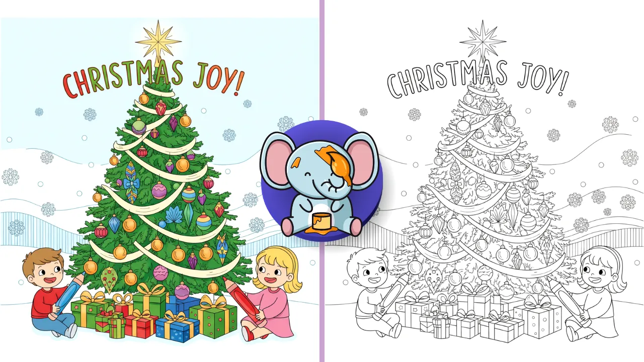 Feature image of a decorated Christmas tree with presents and kids coloring, festive holiday scene.