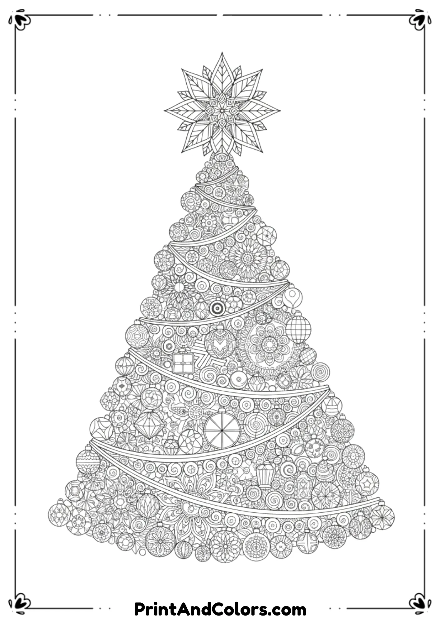  Highly detailed adult coloring page featuring an intricate Christmas tree designed with mandala patterns, zentangle lines, geometric ornaments, and layered decorative swirls. Thin detailed outlines, no shading.
