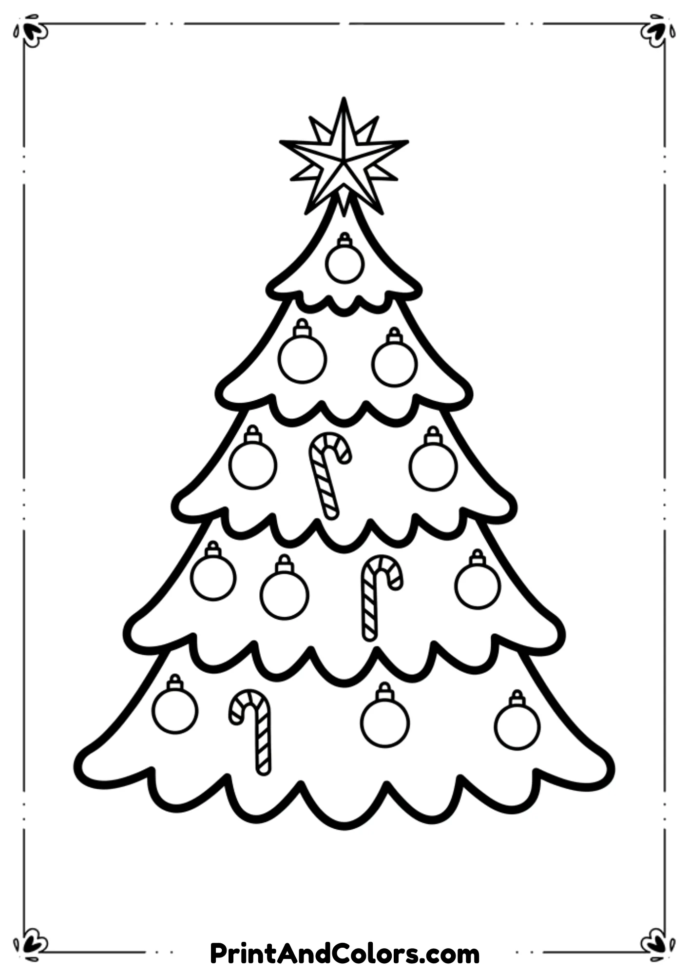 Black and white clean line-art drawing of a classic Christmas tree with layered branches, round ornaments, candy canes, and a star on top. Simple but detailed enough for kids. Bold outlines, no shading, centered on page, 8.5×11 printable coloring sheet, white background.
