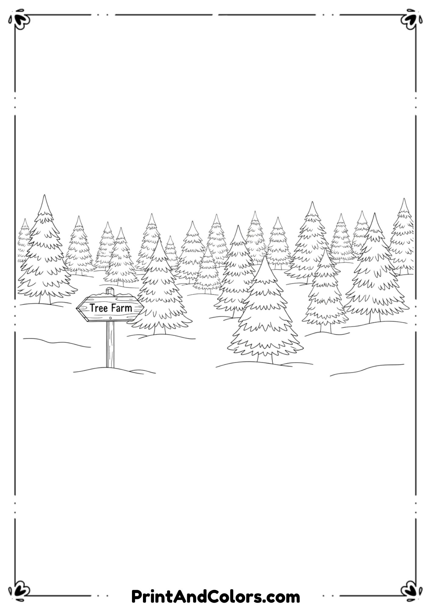  Multiple Christmas trees arranged in rows like a tree farm, simple wooden sign reading “Tree Farm,” gentle snow on ground. Clean coloring-page outlines.
