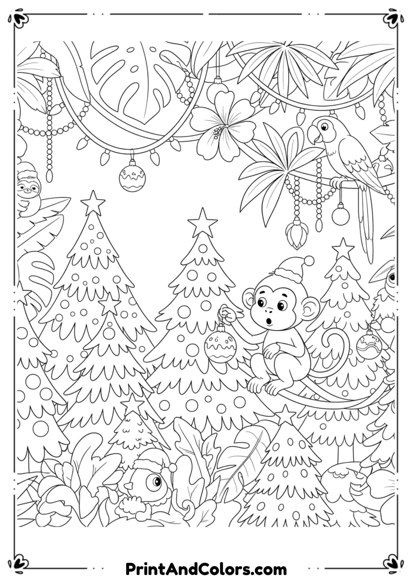  Creative jungle scene where Christmas trees grow among tropical plants, vines, and leaves. Cute animals like monkeys or parrots looking at ornaments. Fun and unique line-art.

