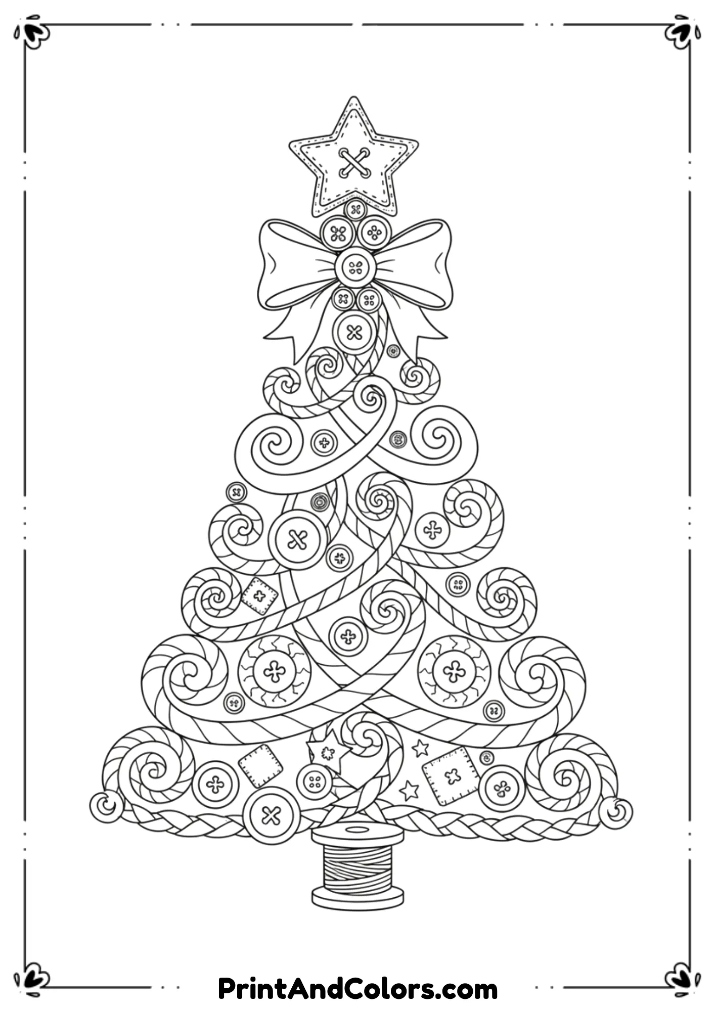  Creative line-art Christmas tree constructed from looping ropes, buttons, and stitched decorative elements. Unique craft-style theme, medium detail, no shading.