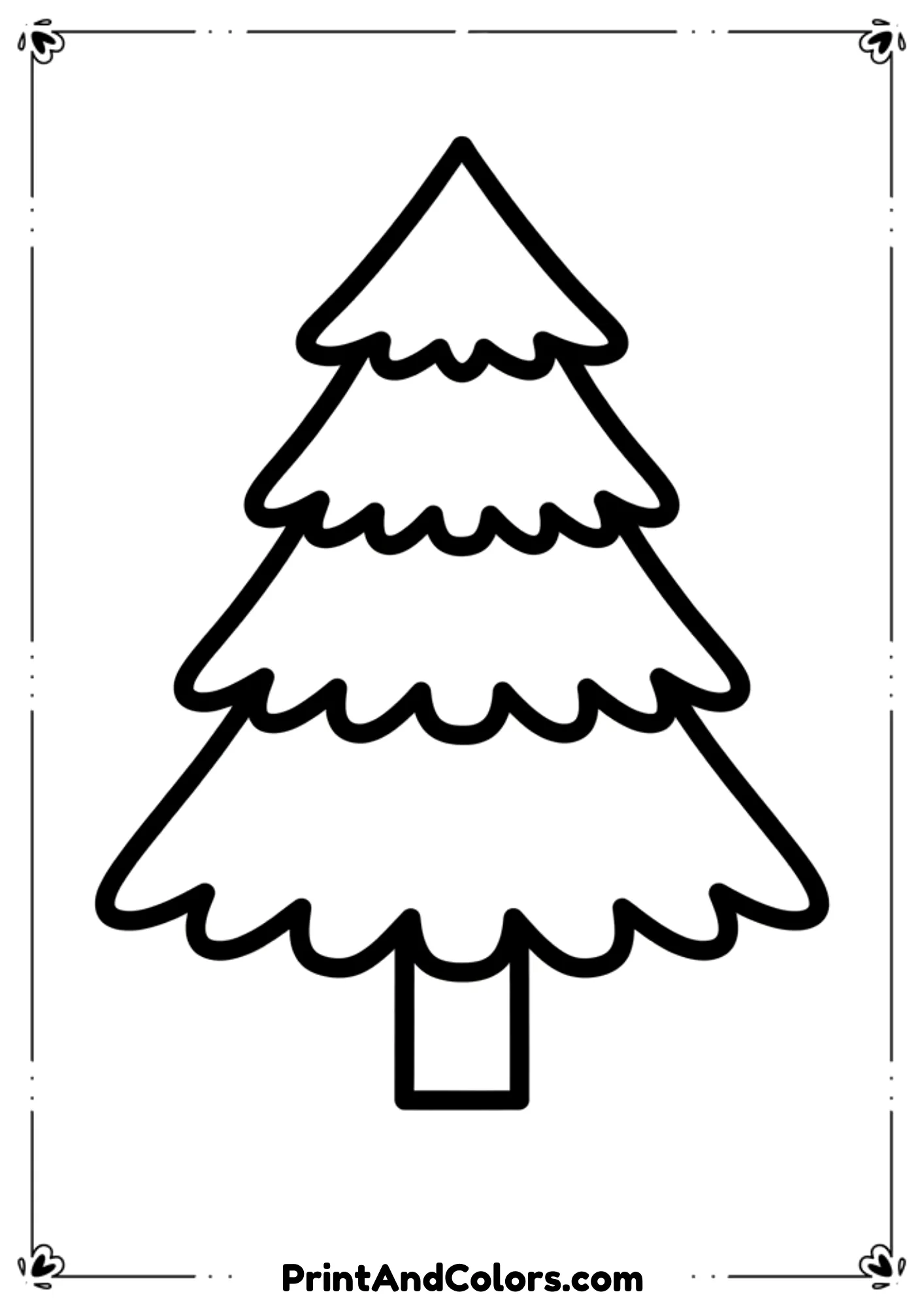  Basic outline template of a Christmas tree with clean symmetrical branches. No ornaments—blank template for free decoration. Thick simple lines.

