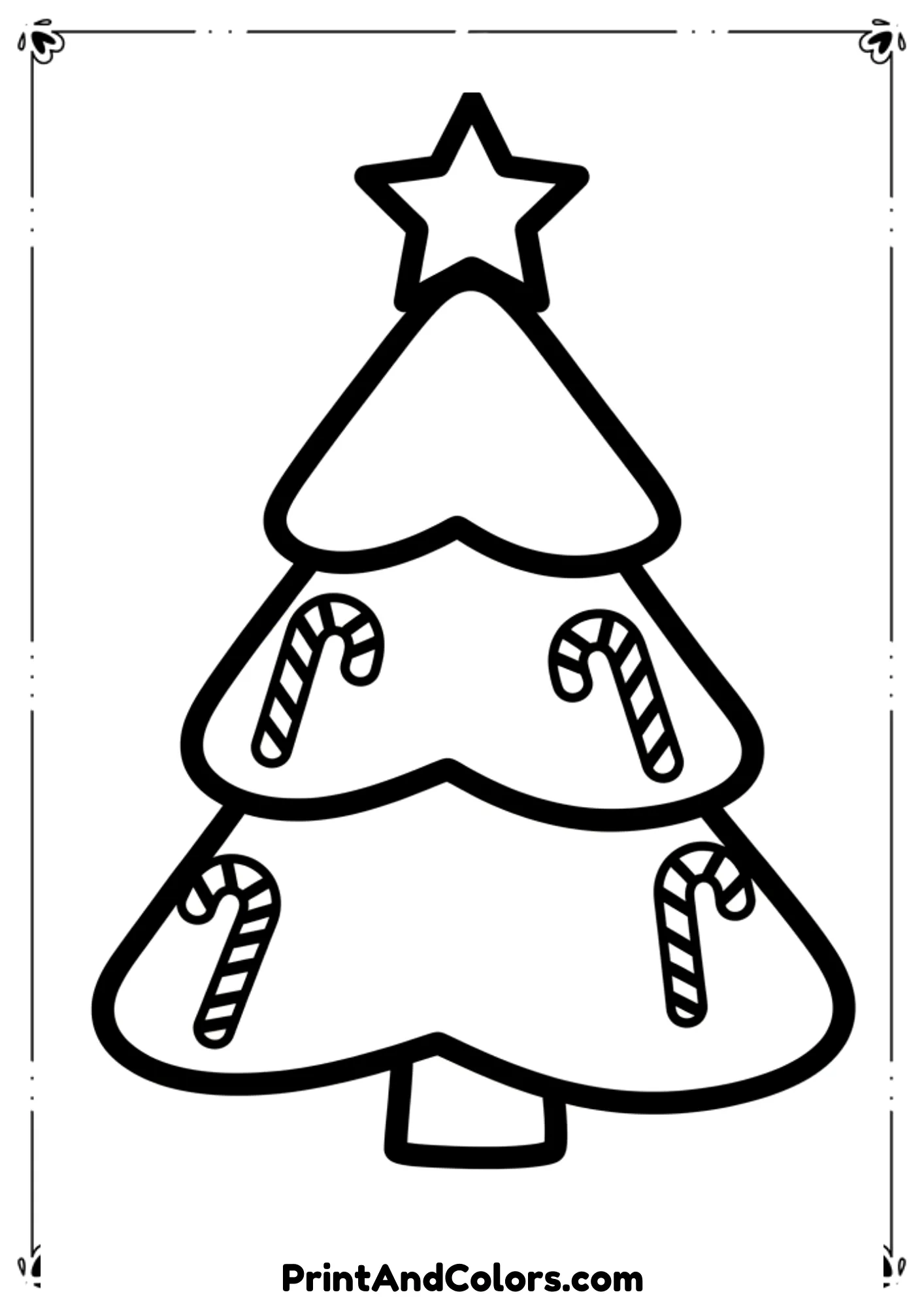  Cute simple Christmas tree decorated only with large candy canes and a star on top. Thick outlines, easy shapes for preschool children.
