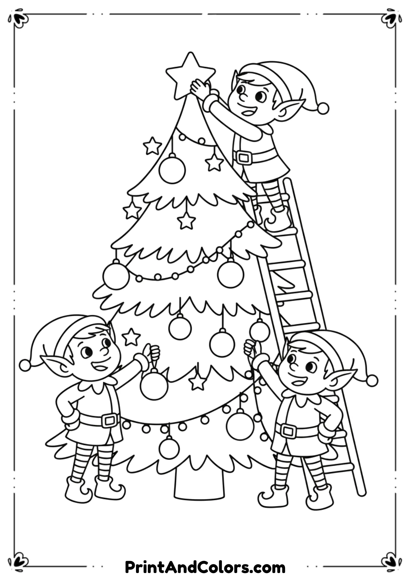  Two or three friendly elves decorating a Christmas tree with ornaments, ladder optional, playful expressions, kid-safe clean line-art. No background clutter.
