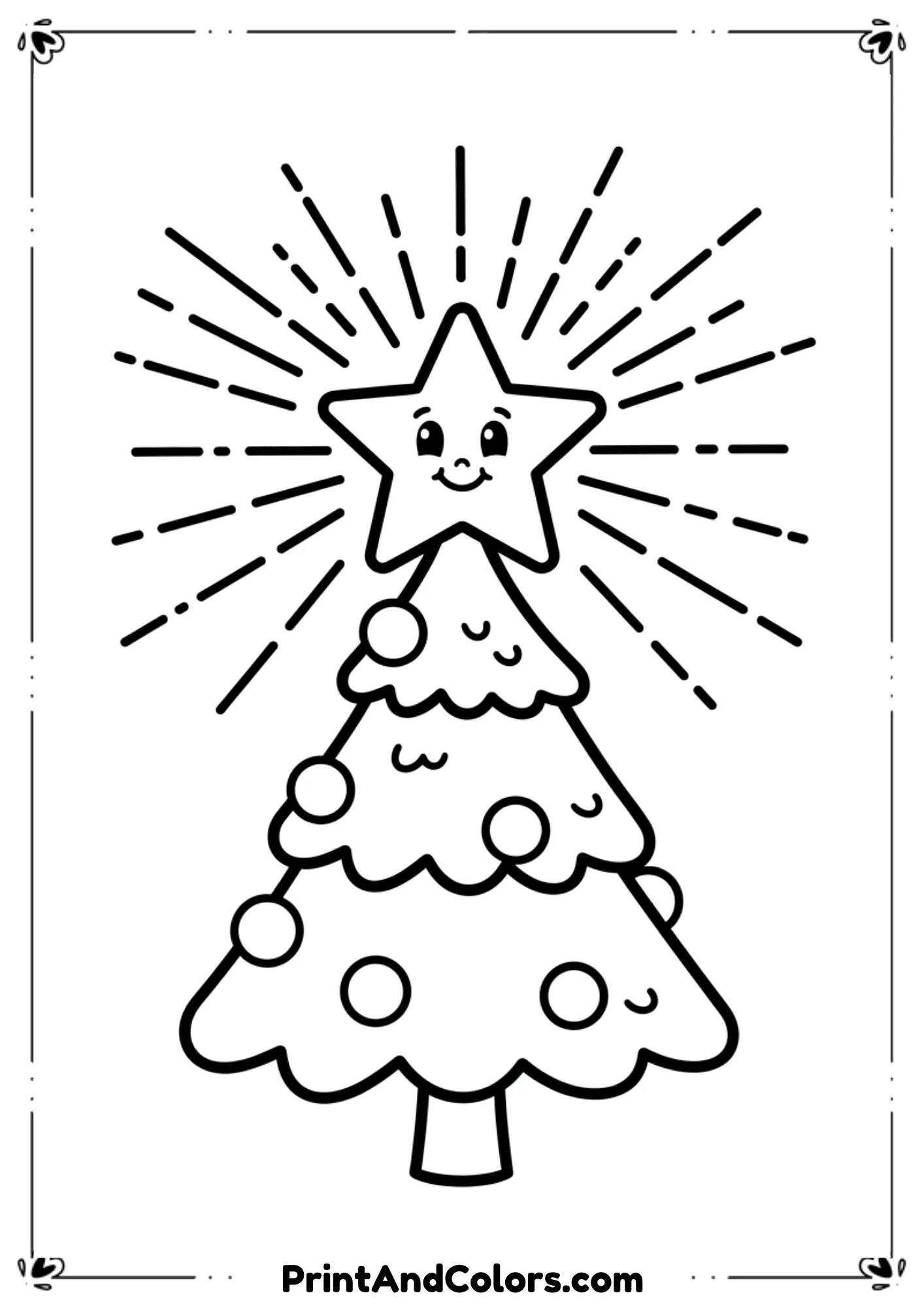 Simple line-art Christmas tree with a huge shining star on top, bright rays illustrated with clean lines, minimal ornaments, bold outlines perfect for kids.
