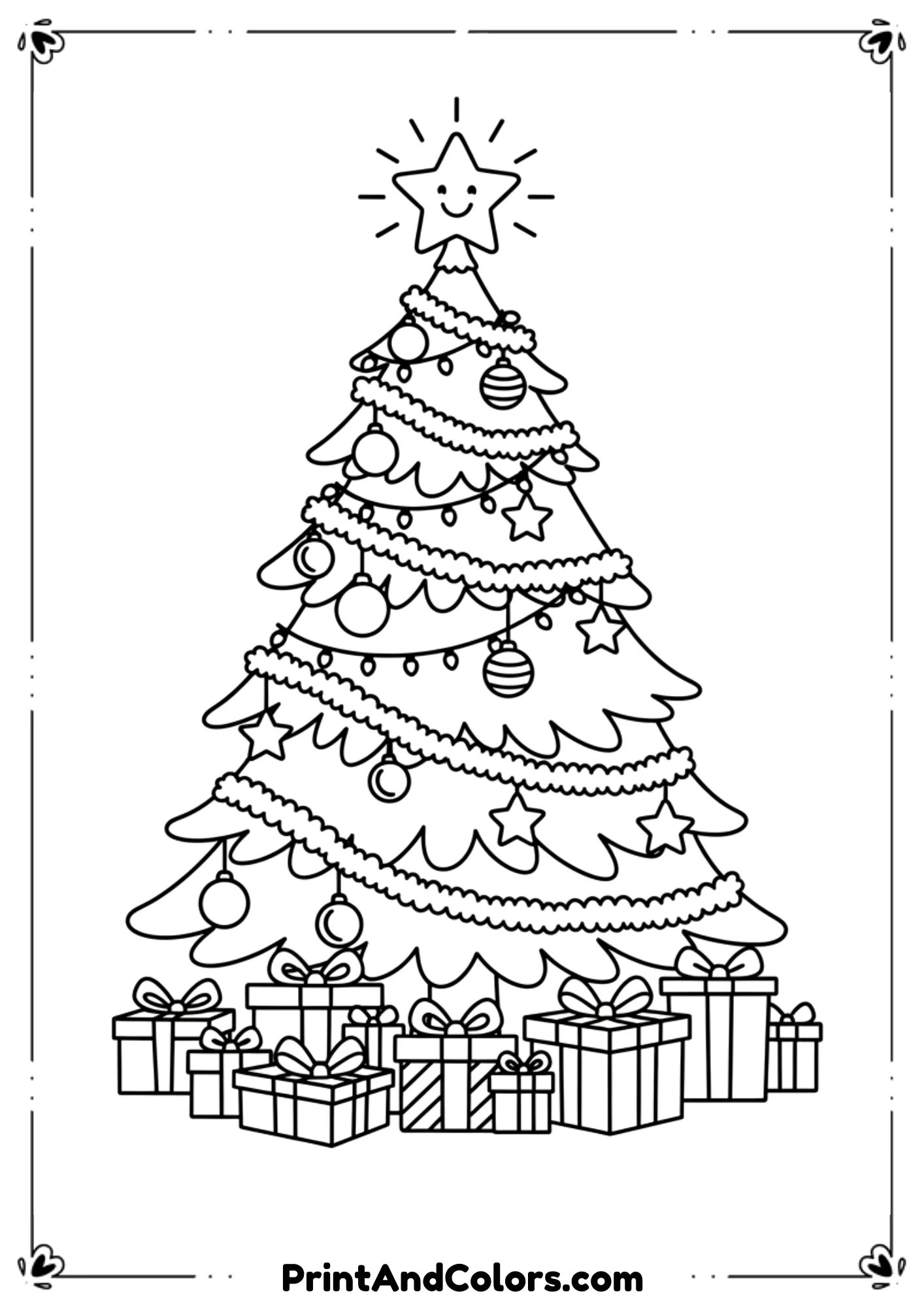  Kid-friendly Christmas tree with string lights, tinsel garlands, ornaments, and wrapped presents around the base. Bold outlines, easy to color.