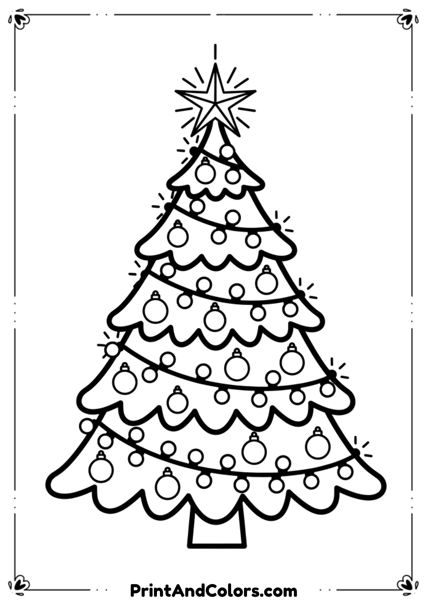  Black and white outline of a Christmas tree wrapped in glowing string lights, ornaments hanging evenly, large star at top. Simple festive design for kids. Bold lines, no shading, high-resolution coloring sheet.
