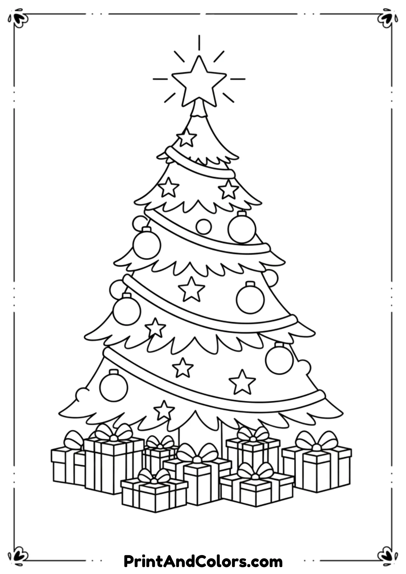  Line-art Christmas tree with wrapped presents at the base, ornaments, stars, ribbon garlands, top star. Straightforward kid-friendly design.
