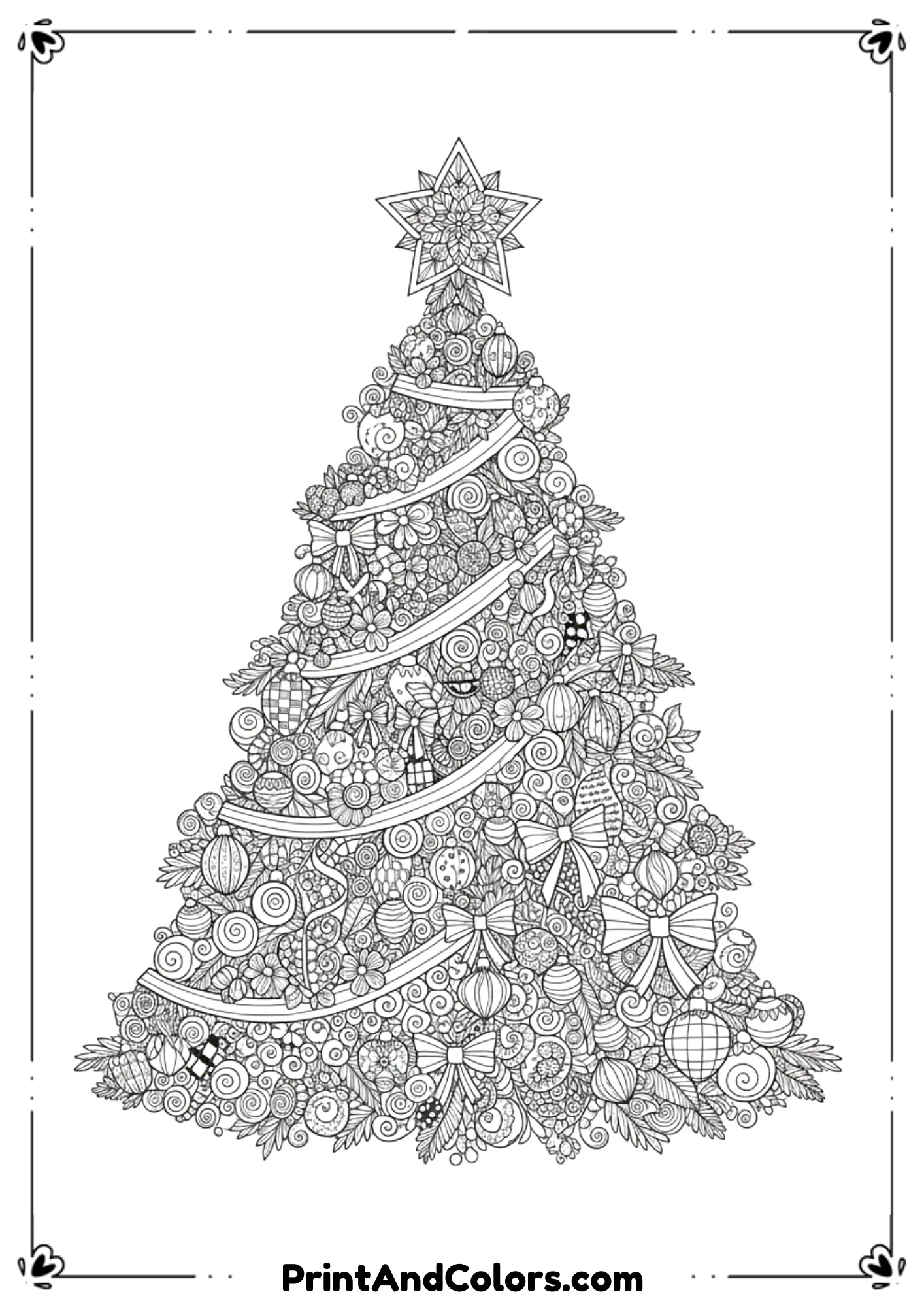 Highly detailed zentangle and mandala-style Christmas tree filled with intricate patterns, swirls, geometric shapes, and decorative elements. Thin detailed line-art for adult coloring.
