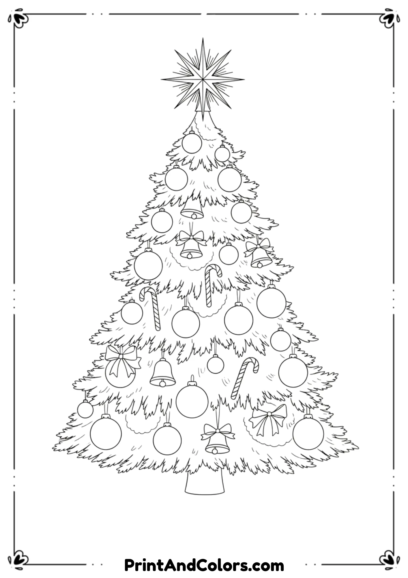  Classic line-art Christmas tree covered with large ornaments, baubles, hanging candy canes, bells, and a top star. Clear outlines, no background.
