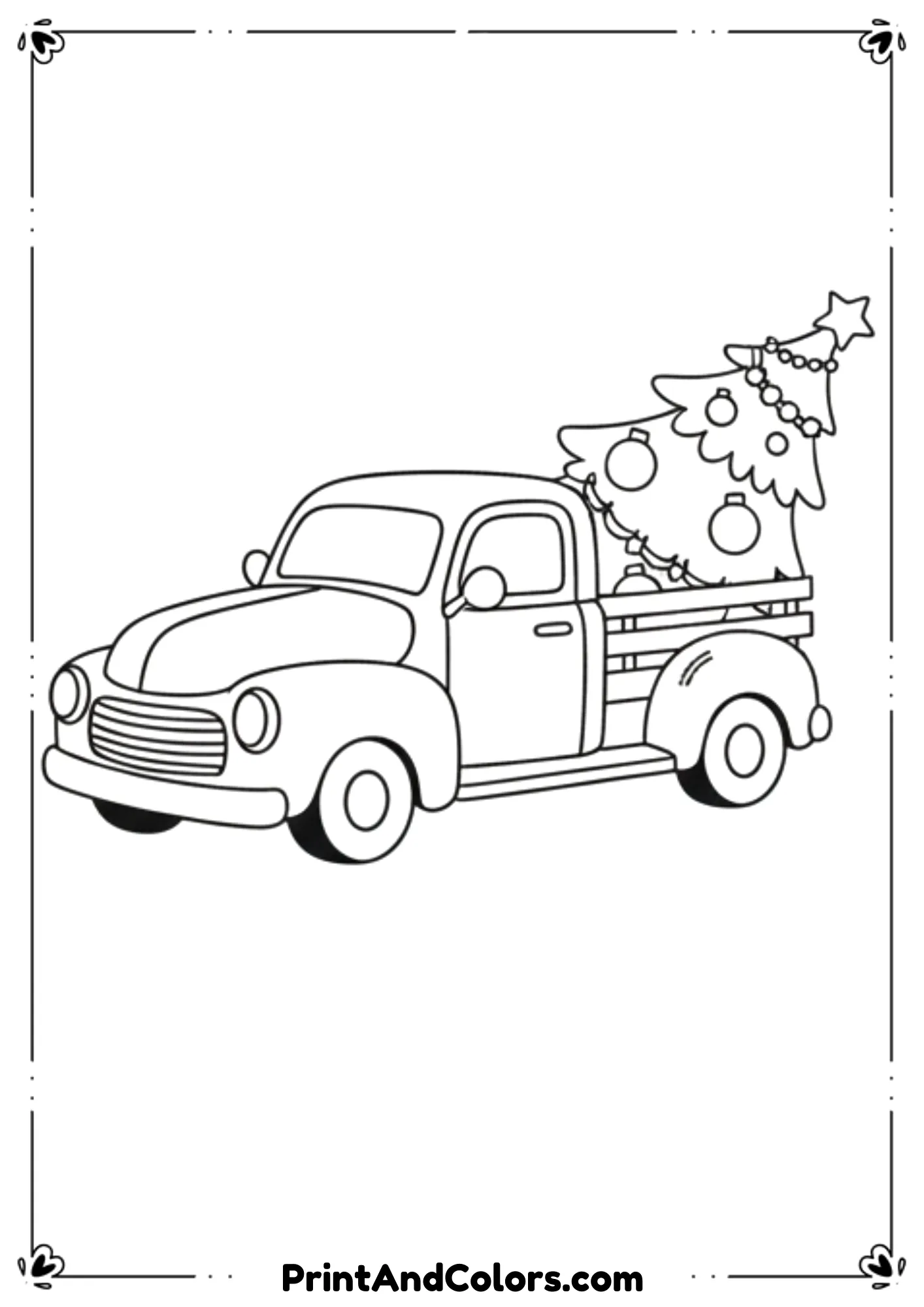 Line drawing of a vintage Christmas truck carrying a large decorated Christmas tree in the back.
