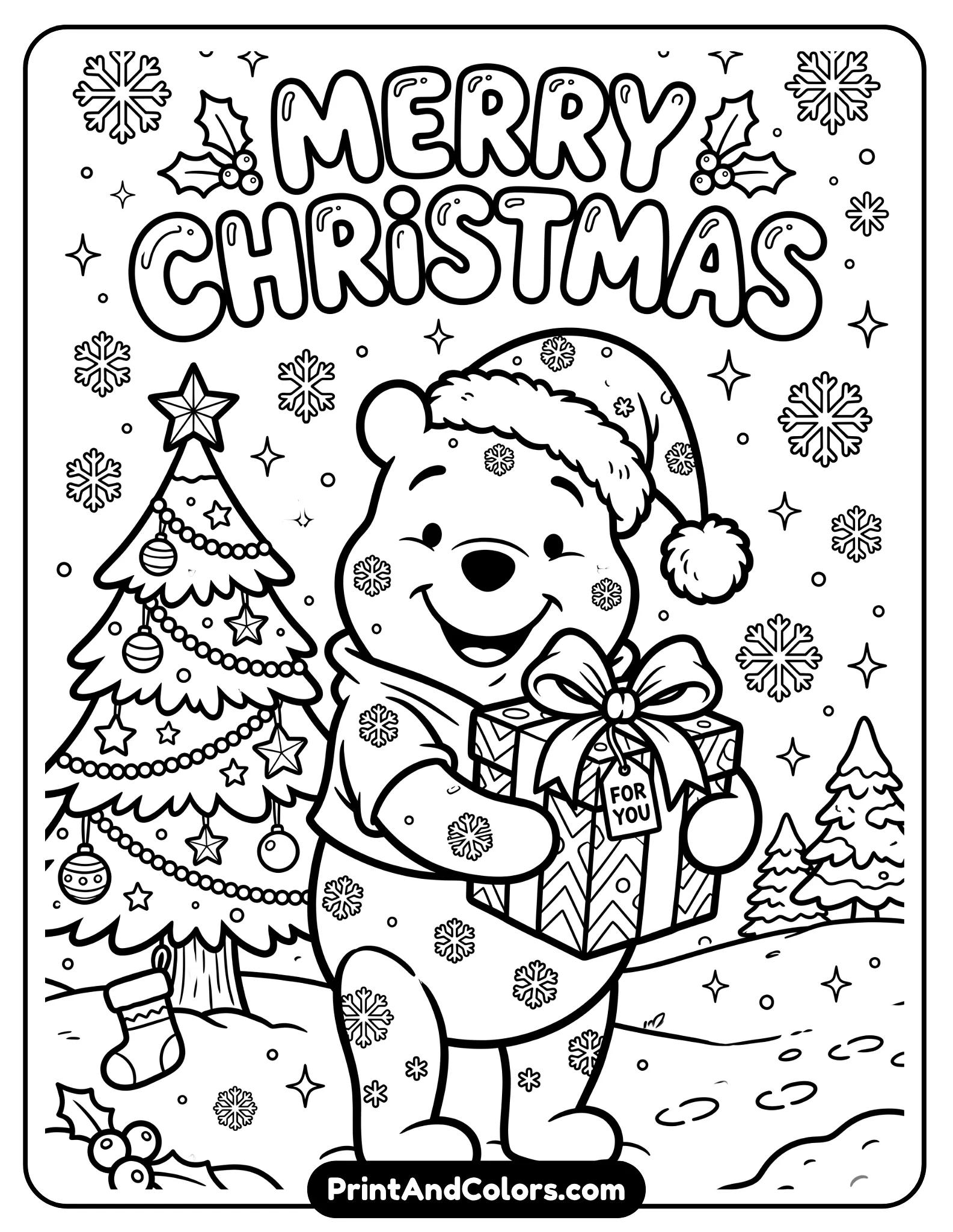 Christmas themed black and white coloring page of Winnie the Pooh wearing a Santa hat and holding a wrapped present, snowflakes falling, decorated Christmas tree nearby, cheerful cartoon style, bold outlines, festive holiday elements, printable coloring sheet
