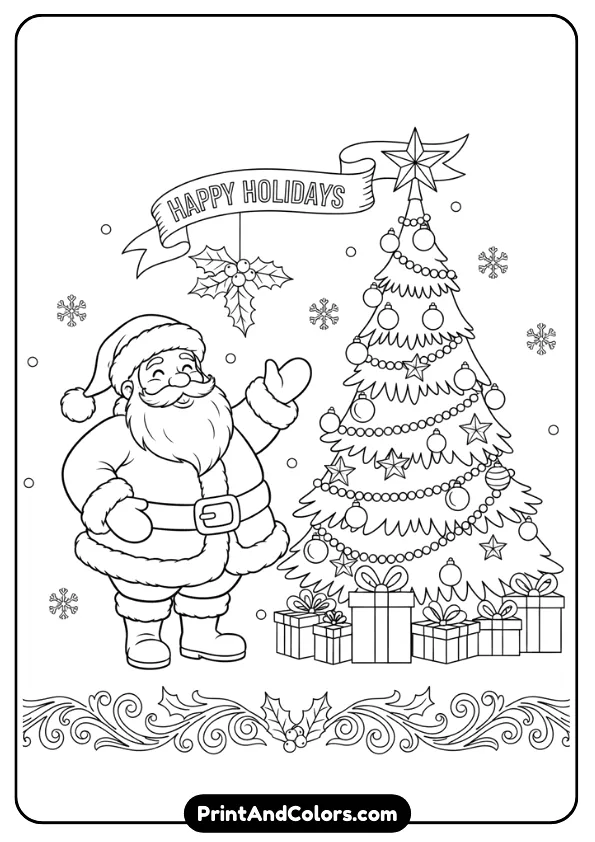 Santa standing beside a decorated Christmas tree with ornaments, stars, and gifts. Add gentle holiday background elements