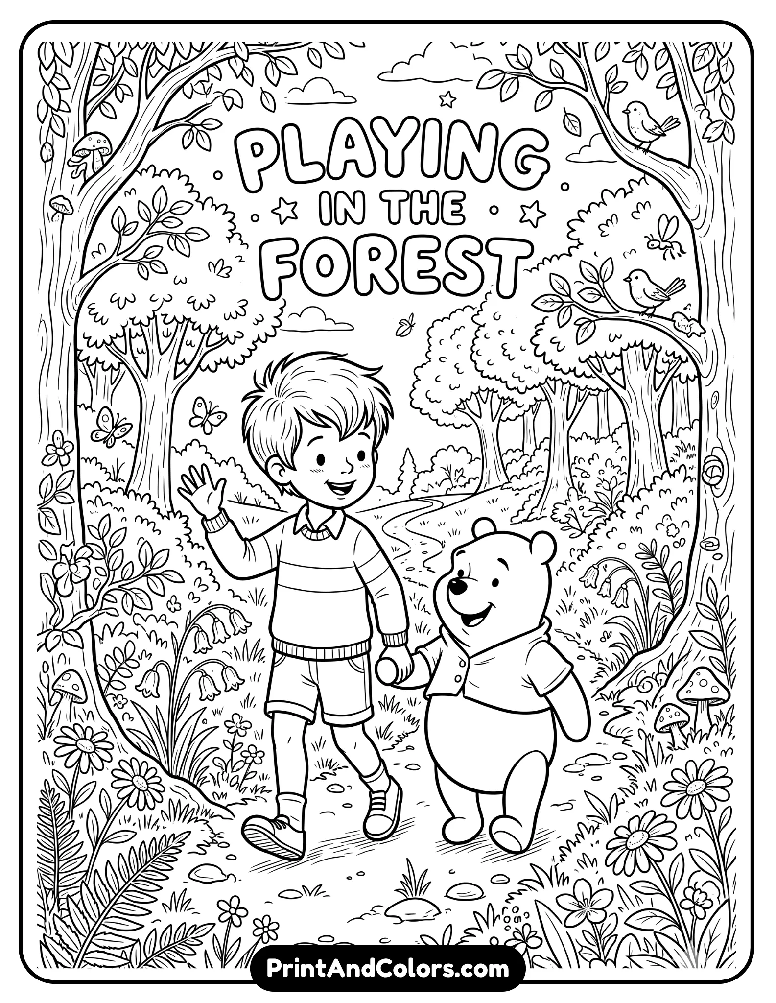 Black and white coloring page of Christopher Robin and Winnie the Pooh playing together in the forest, smiling and walking along a woodland path, trees and flowers around them, storybook cartoon illustration style