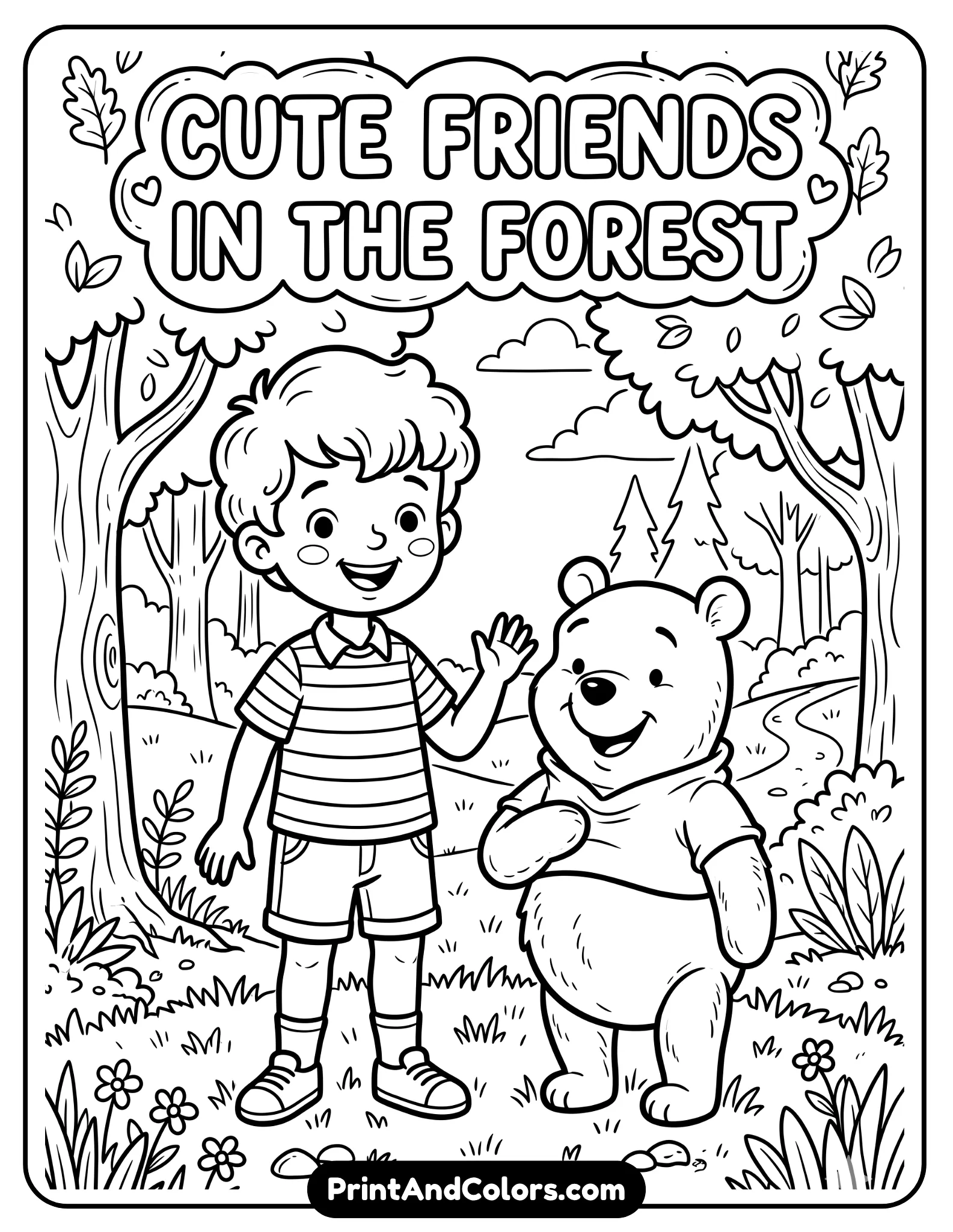 Black and white line art coloring page of Christopher Robin standing next to Winnie the Pooh with friendly smiles, simple forest background with trees and grass, storybook illustration style with bold outlines