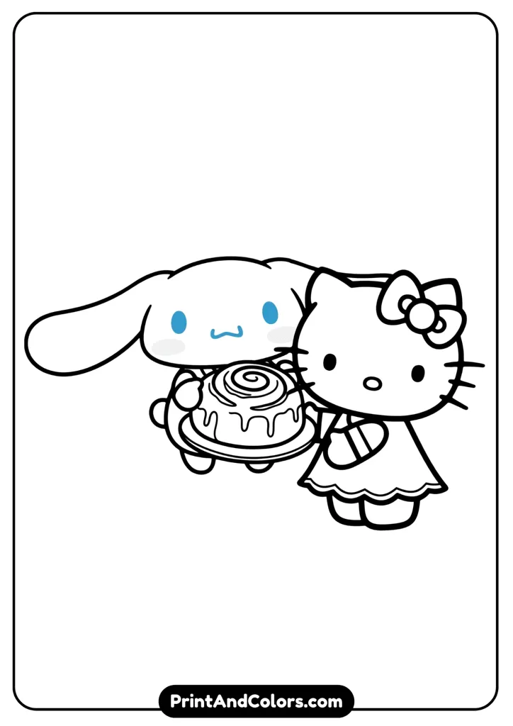 Cinnamoroll with Hello Kitty holding a big cinnamon roll pastry, cartoon black and white outline, no colors