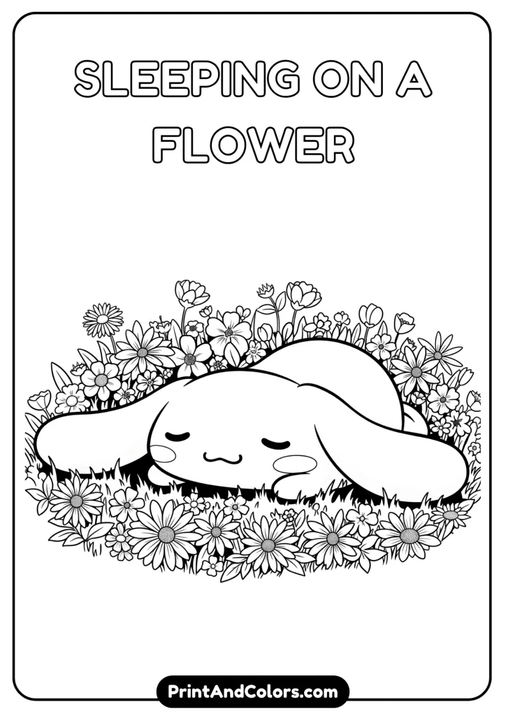 Cinnamoroll lying down on a field of flowers, eyes closed, peaceful smile, cartoon black and white line drawing, no colors, floral background