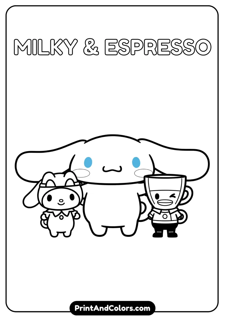 Cinnamoroll standing with Sanrio friends Milky and Espresso, smiling, cartoon black and white outline, no colors, clean simple lines