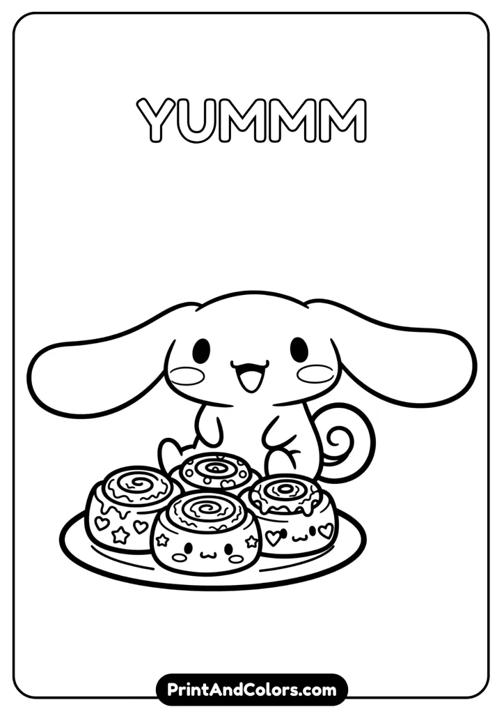 Cinnamoroll sitting with a plate of cinnamon rolls, smiling, cartoon black and white outline, no colors, cute dessert details