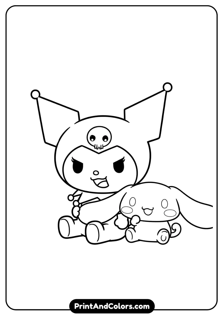Kuromi sitting with Cinnamoroll, cute friendly expressions, cartoon-style line art for coloring.