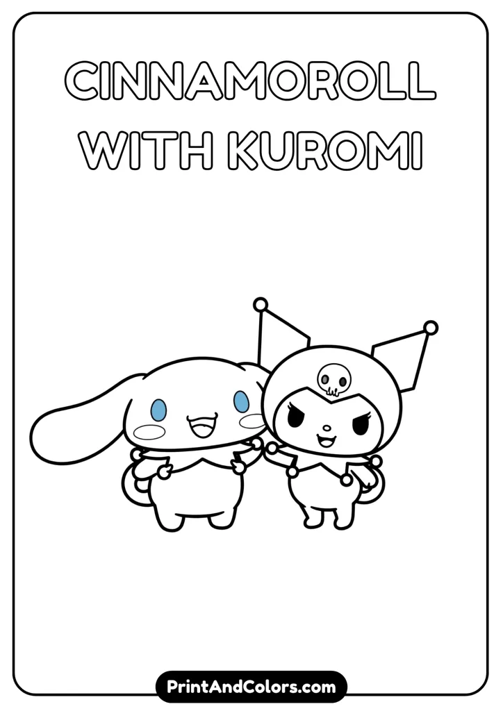 Cinnamoroll standing next to Kuromi, smiling at each other, cartoon black and white line art, no colors, plain background