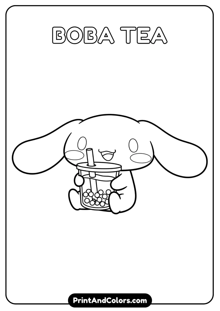 Cinnamoroll holding a cup of bubble tea, smiling, cartoon black and white outline, no colors, tapioca pearls visible