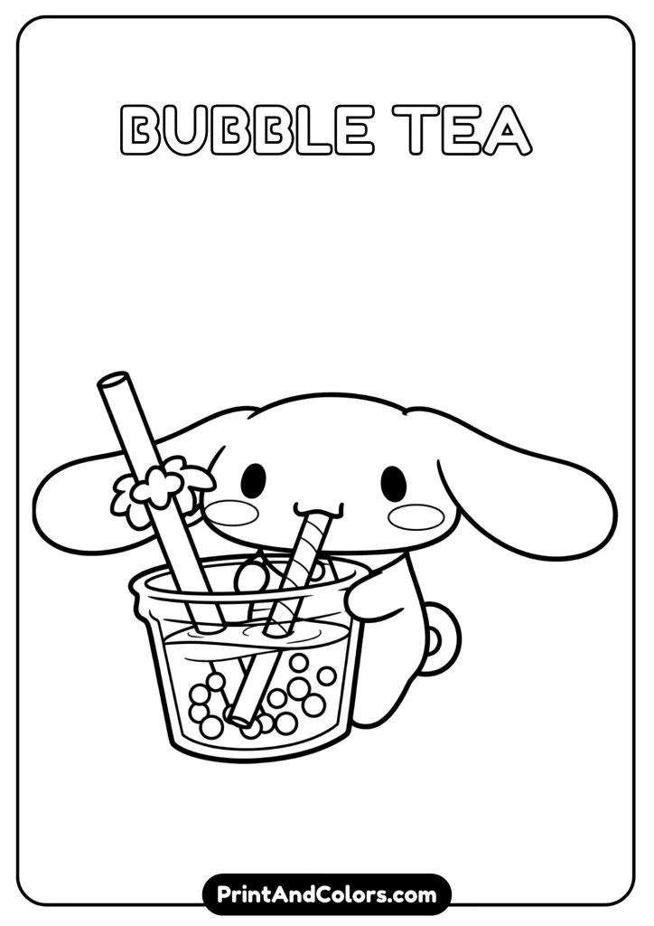 Cinnamoroll sipping bubble tea with a big straw, cartoon black and white outline, no colors, minimal background