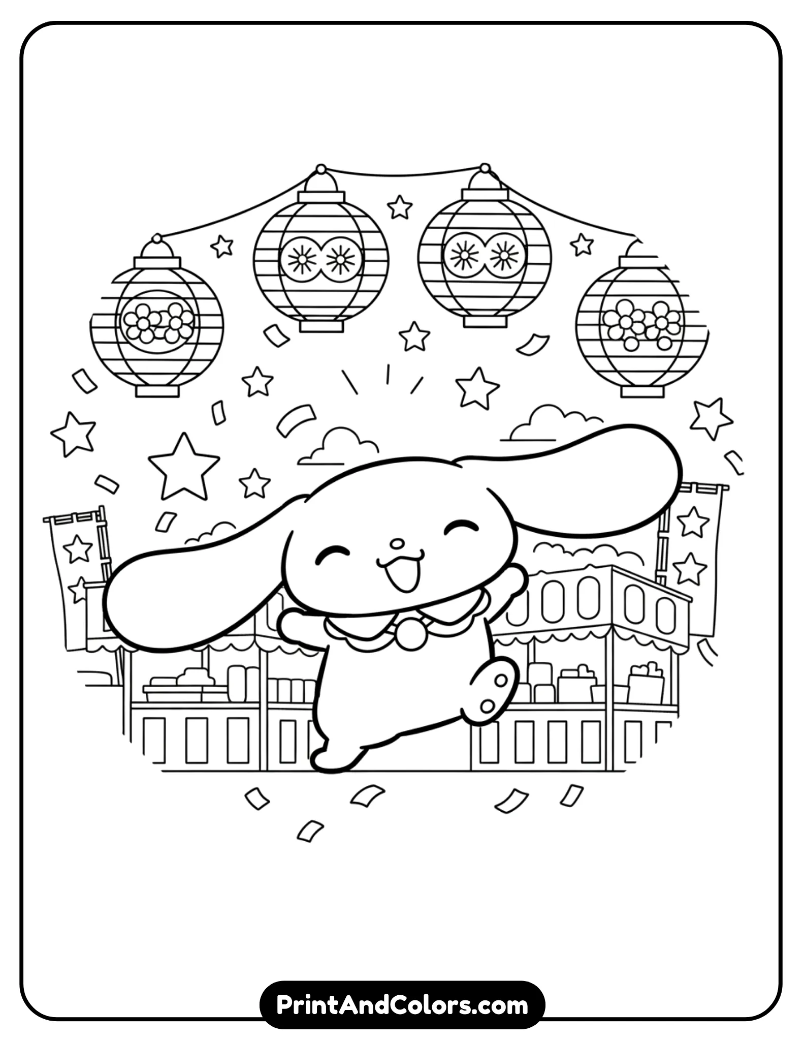 black and white line art scene of Cinnamoroll celebrating at night with hanging lanterns around him. Include stars, simple festival decorations, and a joyful expression. Keep the illustration clear, bold, and coloring-friendly.