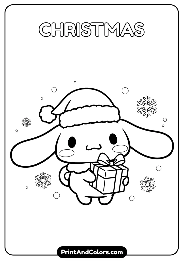 Cinnamoroll wearing a Santa hat and holding a gift, cartoon black and white outline, no colors, snowflake background