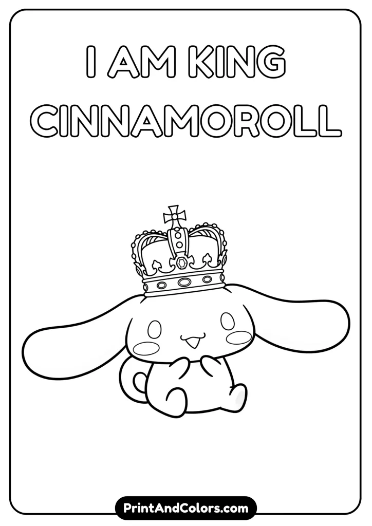 Cinnamoroll wearing a royal crown, smiling happily, cartoon outline in black and white, no colors, simple yet detailed crown design, clean background for coloring