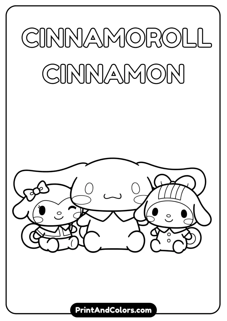 Cinnamoroll sitting with his Sanrio friends Mocha and Chiffon, all smiling, cute cartoon style, outlined in neat black and white line art, no colors, simple details for easy coloring, clean background