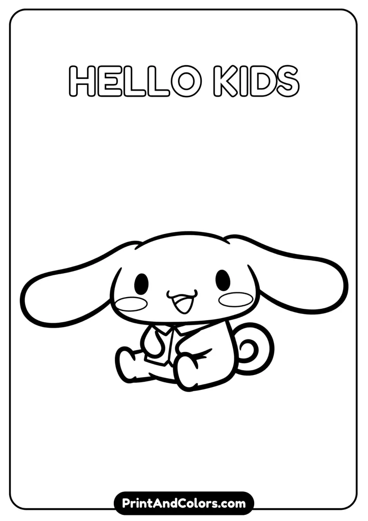Simple Cinnamoroll in a happy sitting pose, cartoon black and white outline, no colors, thick lines for easy coloring