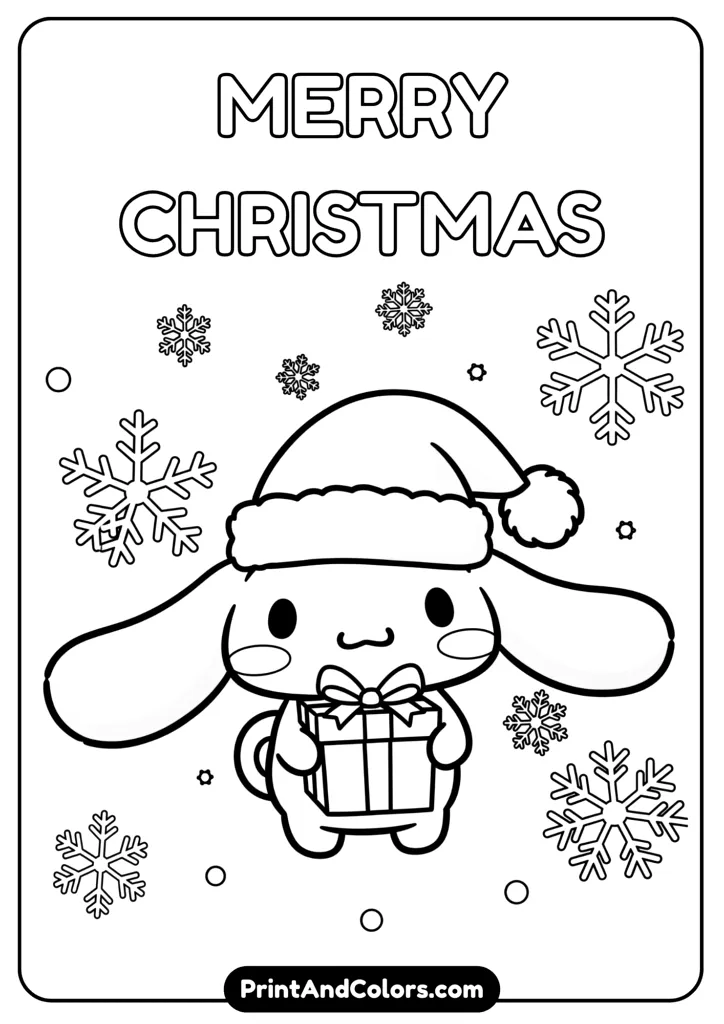 Cinnamoroll wearing a Santa hat, holding a gift box, cartoon black and white outline, no colors, snowflakes background