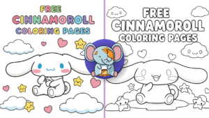 Black and white feature image of Cinnamoroll with the text ‘Free Cinnamoroll Coloring Pages’ in bubble letters at the top center